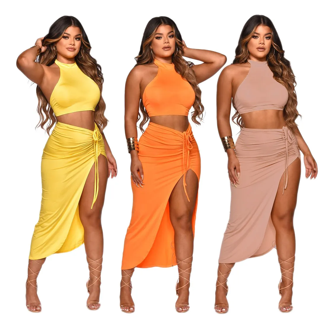 Summer Women Fashion Sexy Sleeveless Crop Top Creased Drawstring Split Skirt Two-Piece Set