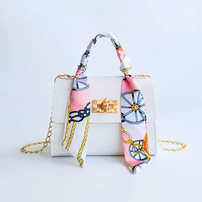 Fashion Solid Color Silk Scarf PU Hand Chain Small Square Crossbody Bag