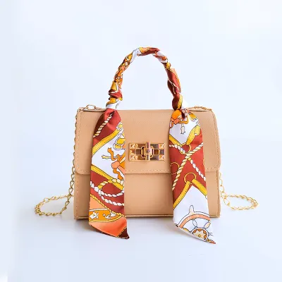 Fashion Solid Color Silk Scarf PU Hand Chain Small Square Crossbody Bag