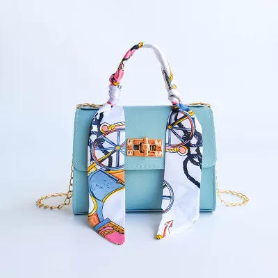 Fashion Solid Color Silk Scarf PU Hand Chain Small Square Crossbody Bag