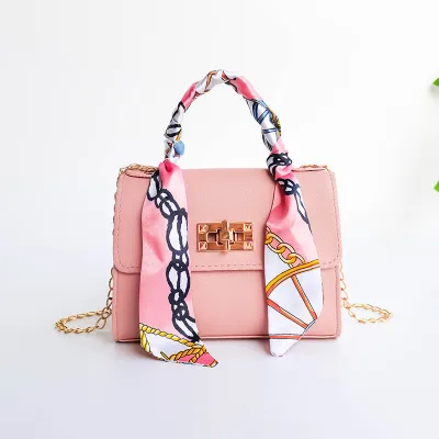 Fashion Solid Color Silk Scarf PU Hand Chain Small Square Crossbody Bag