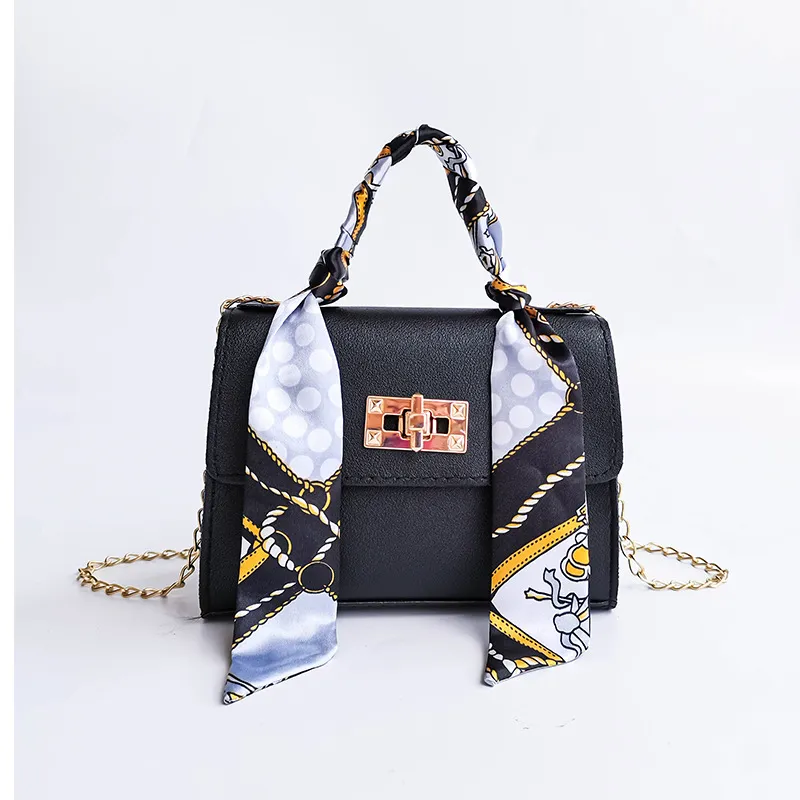 Fashion Solid Color Silk Scarf PU Hand Chain Small Square Crossbody Bag