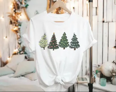 Cartoon Christmas Tree Print Round Neck Short Sleeve Cotton T-Shirt for Kids Family Matching