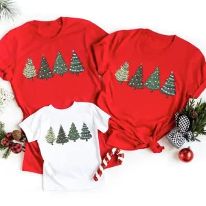 Cartoon Christmas Tree Print Round Neck Short Sleeve Cotton T-Shirt for Kids Family Matching