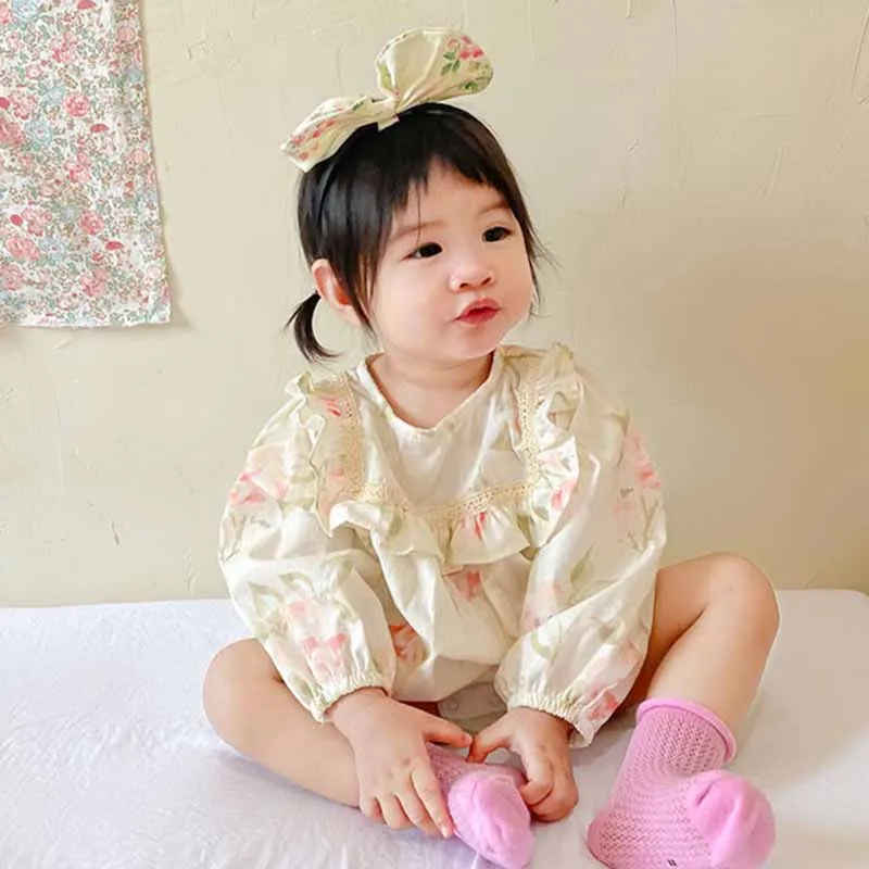 Kids Baby Girls Casual Cute Flower Print Long Sleeve Romper Pullover Cotton