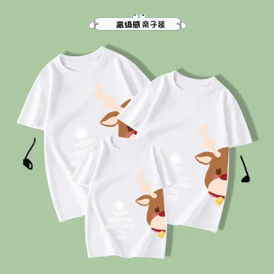 Christmas Elk Print Round Neck Short Sleeve Cotton Parent-Child T-Shirt Kids Family Matching Outfits