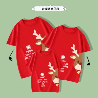Christmas Elk Print Round Neck Short Sleeve Cotton Parent-Child T-Shirt Kids Family Matching Outfits