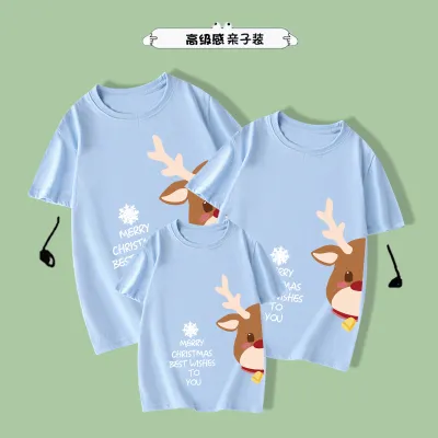 Christmas Elk Print Round Neck Short Sleeve Cotton Parent-Child T-Shirt Kids Family Matching Outfits