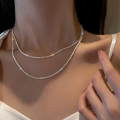 Simple Sparkling Cross Pendant Multilayer Water Wave Chain Necklace
