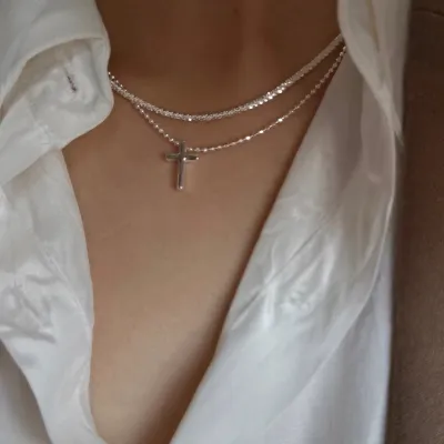 Simple Sparkling Cross Pendant Multilayer Water Wave Chain Necklace