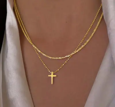 Simple Sparkling Cross Pendant Multilayer Water Wave Chain Necklace