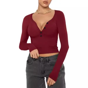 Women Fashion Sexy Deep V Button Long Sleeve Crop Top