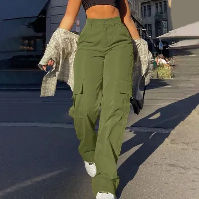 Women Casual Solid Color Multi-Pocket High Waist Loose Cargo Pants