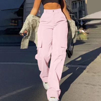 Women Casual Solid Color Multi-Pocket High Waist Loose Cargo Pants