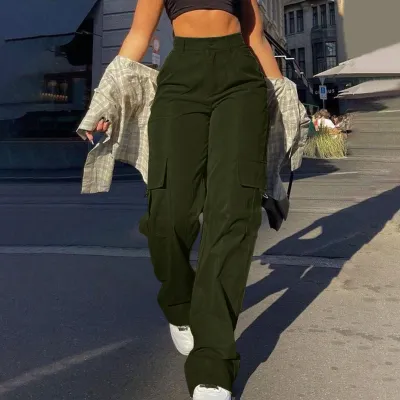 Women Casual Solid Color Multi-Pocket High Waist Loose Cargo Pants