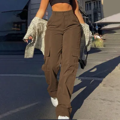Women Casual Solid Color Multi-Pocket High Waist Loose Cargo Pants