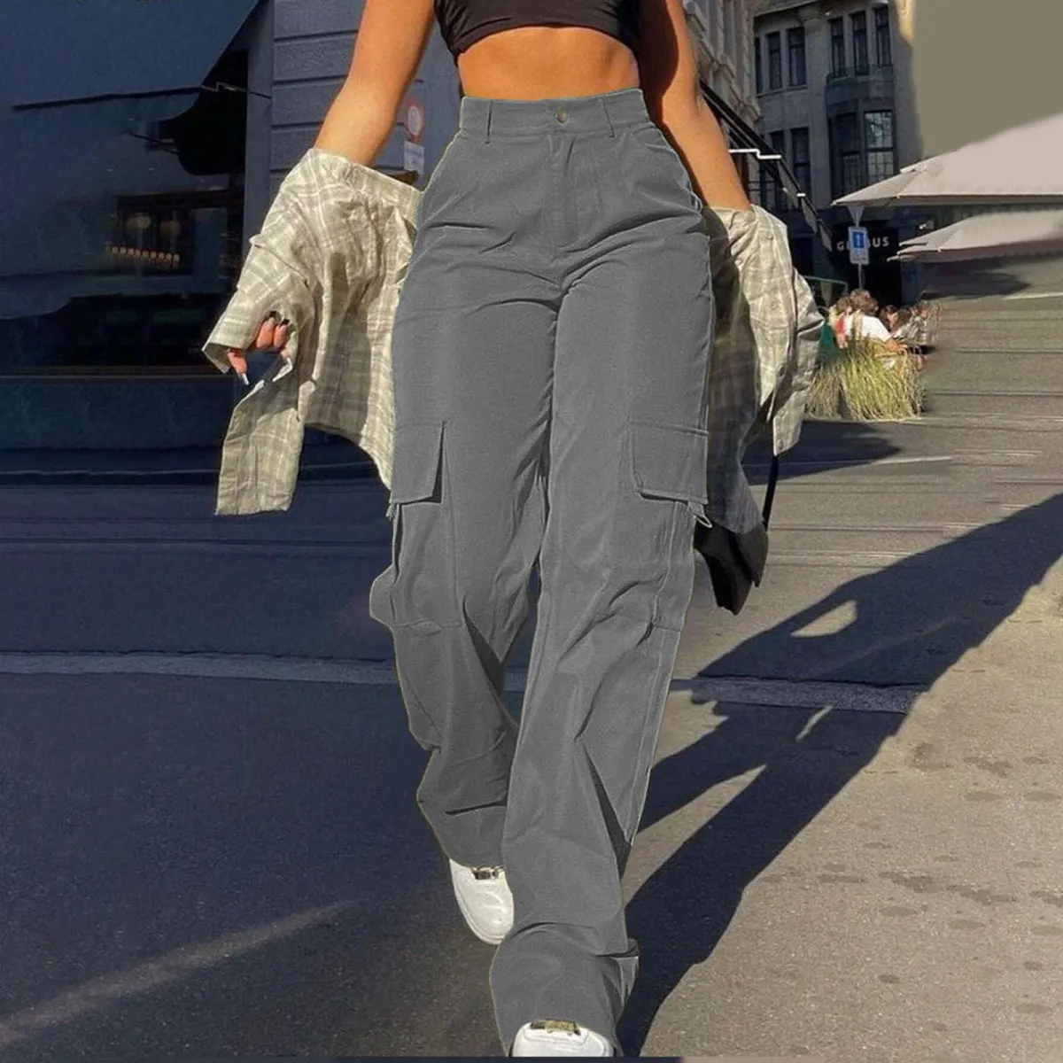 Women Casual Solid Color Multi-Pocket High Waist Loose Cargo Pants