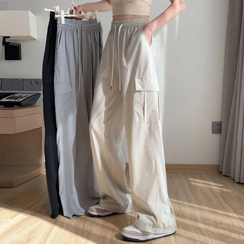 Summer Women Casual Solid Color High Waist Multi-Pocket Cargo Wide Leg Pants