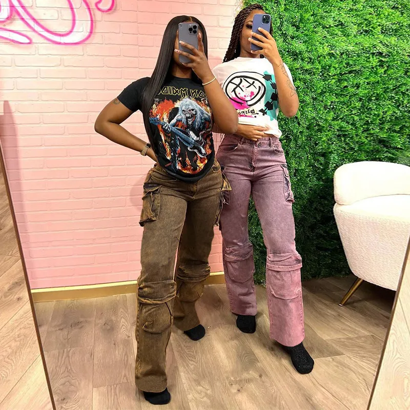 Summer Women Fashion Tie-Dyed Denim High Waist Multi-Pocket Cargo Pants