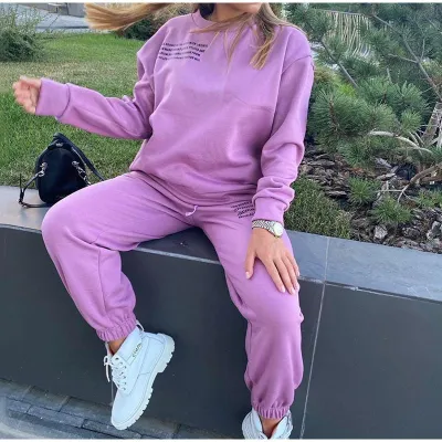 Casual Women Autumn Winter Sports Athleisure Sweatshirt Pants Two-Piece Set