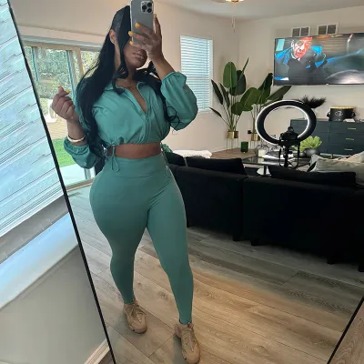 Athleisure Women's Drawstring Waist Crop Sweatshirt High Waist Tight Pants Set