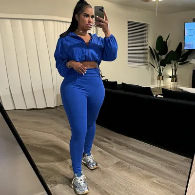 Athleisure Women's Drawstring Waist Crop Sweatshirt High Waist Tight Pants Set