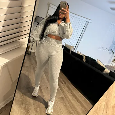 Athleisure Women's Drawstring Waist Crop Sweatshirt High Waist Tight Pants Set