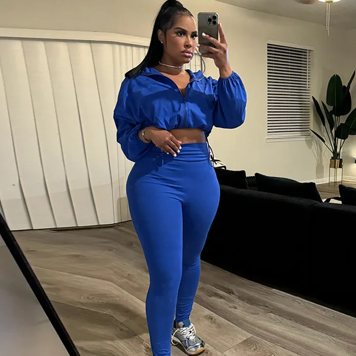 Athleisure Women's Drawstring Waist Crop Sweatshirt High Waist Tight Pants Set