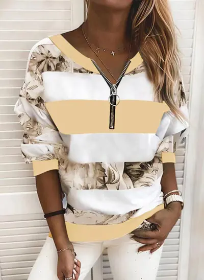 Women Floral Print Zipper V-Neck Loose Casual Pullover Sweatshirt