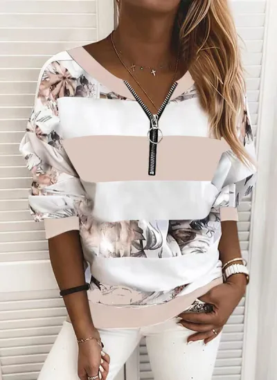Women Floral Print Zipper V-Neck Loose Casual Pullover Sweatshirt