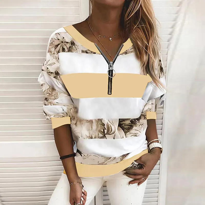 Women Floral Print Zipper V-Neck Loose Casual Pullover Sweatshirt