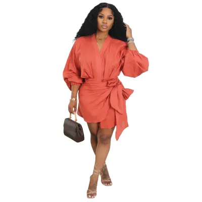 Women Fashion Linen V-Neck Mid-Length Puff Sleeve Solid Color Dress