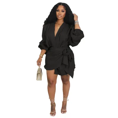 Women Fashion Linen V-Neck Mid-Length Puff Sleeve Solid Color Dress