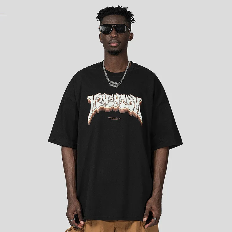 Men Fashion Street Loose Letter Print Color World Short Sleeve Crewneck T-Shirt
