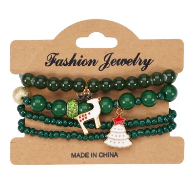 Women's Original Design Cartoon Christmas Tree Snowflake Pendant Beaded Bracelet Set Glass Glaze