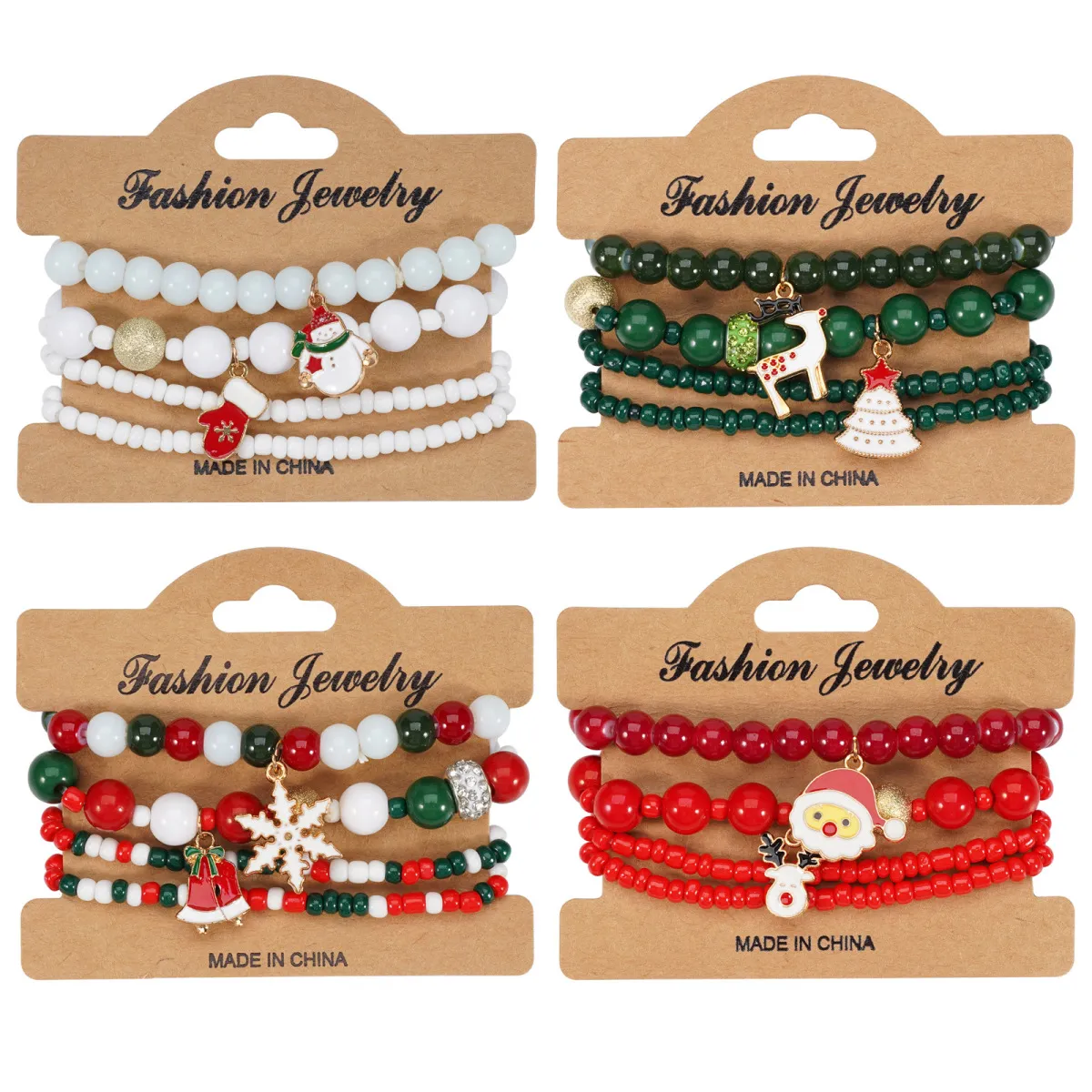 Women's Original Design Cartoon Christmas Tree Snowflake Pendant Beaded Bracelet Set Glass Glaze