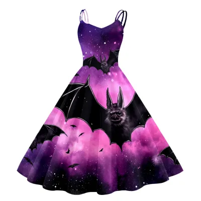 Women Cartoon Funny Halloween Ghost Pumpkin Witch Print Sling Dress Midi