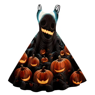 Women Cartoon Funny Halloween Ghost Pumpkin Witch Print Sling Dress Midi