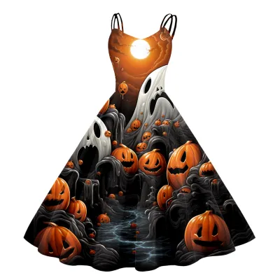 Women Cartoon Funny Halloween Ghost Pumpkin Witch Print Sling Dress Midi