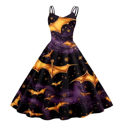 Women Cartoon Funny Halloween Ghost Pumpkin Witch Print Sling Dress Midi