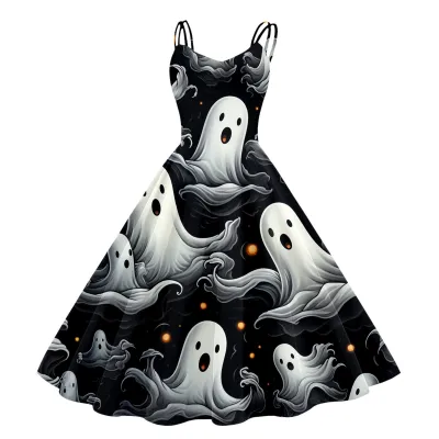 Women Cartoon Funny Halloween Ghost Pumpkin Witch Print Sling Dress Midi