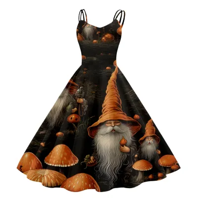 Women Cartoon Funny Halloween Ghost Pumpkin Witch Print Sling Dress Midi