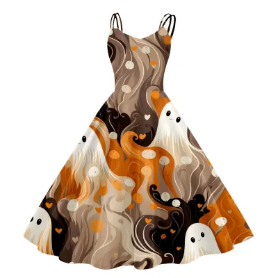 Women Cartoon Funny Halloween Ghost Pumpkin Witch Print Sling Dress Midi