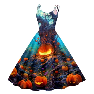 Women Cartoon Funny Halloween Ghost Pumpkin Witch Print Sling Dress Midi
