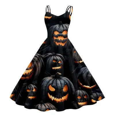 Women Cartoon Funny Halloween Ghost Pumpkin Witch Print Sling Dress Midi