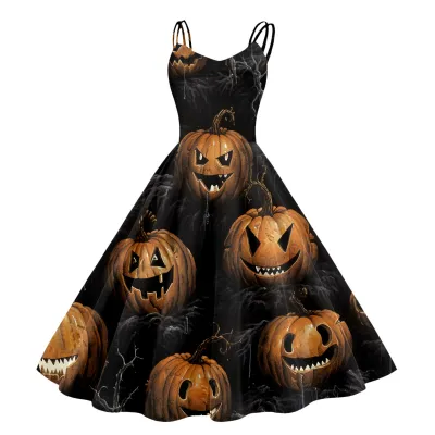 Women Cartoon Funny Halloween Ghost Pumpkin Witch Print Sling Dress Midi