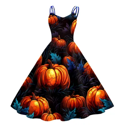 Women Cartoon Funny Halloween Ghost Pumpkin Witch Print Sling Dress Midi