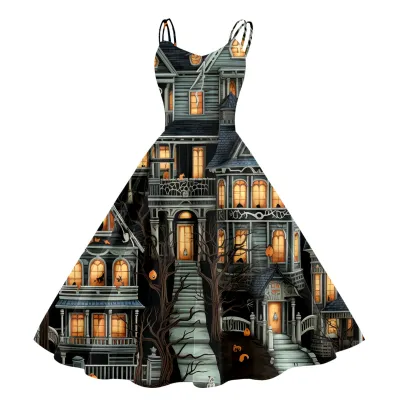 Women Cartoon Funny Halloween Ghost Pumpkin Witch Print Sling Dress Midi