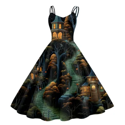 Women Cartoon Funny Halloween Ghost Pumpkin Witch Print Sling Dress Midi