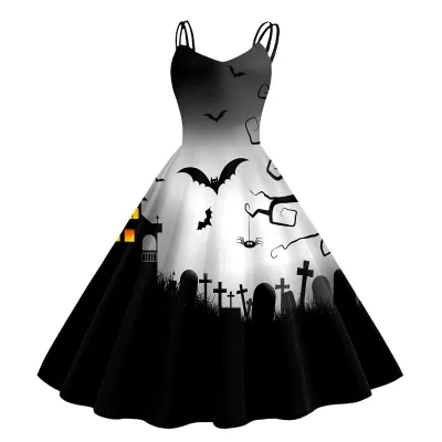 Women Cartoon Funny Halloween Ghost Pumpkin Witch Print Sling Dress Midi